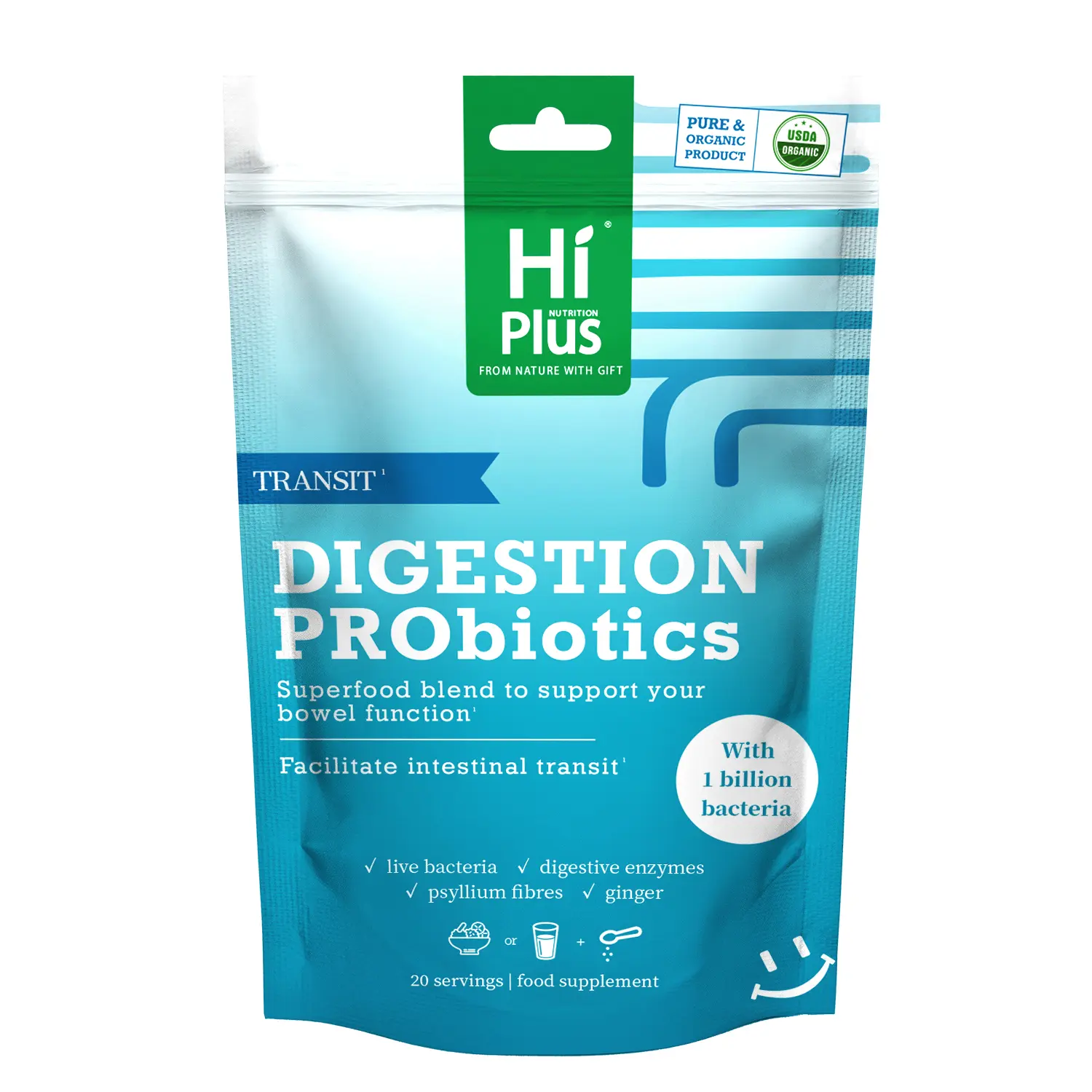 HiPlus Probiotics Powder Dietary Supplement - 9 Strains, 10 Plant Digestive Enzymes, Fiber, Organic, Lactose Free, Non-GMO, Vegan, Sugar Free, Digestive Support, Immune Boost, Bloating Relief, Cognitive Support, Eye Health, Blood Pressure Control