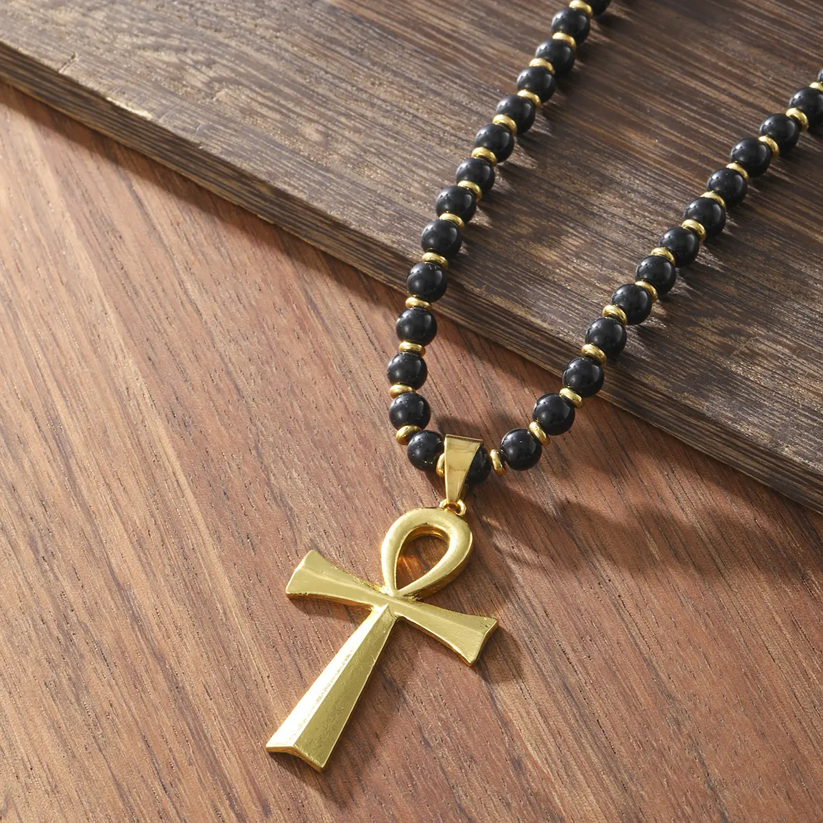 Egyptian Ankh Cross Guardian Beaded Long Adjustable Necklace - Metal Coating Gold Ankh Pendant, Black Beads, Auspicious Gift for Male Female, Christmas Thanksgiving Wealth-Attracting Costume Jewelry, Choking Hazard Contains Small Ball
