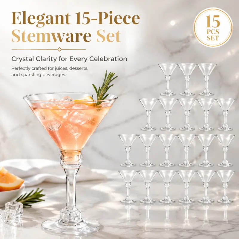 15PCS Clear Plastic Martini Glasses, Disposable & Reusable Shatterproof Cocktail Cups, Elegant Stemmed Goblets for Parties, Weddings & Home Bars, Drinking Cups, Party Cups