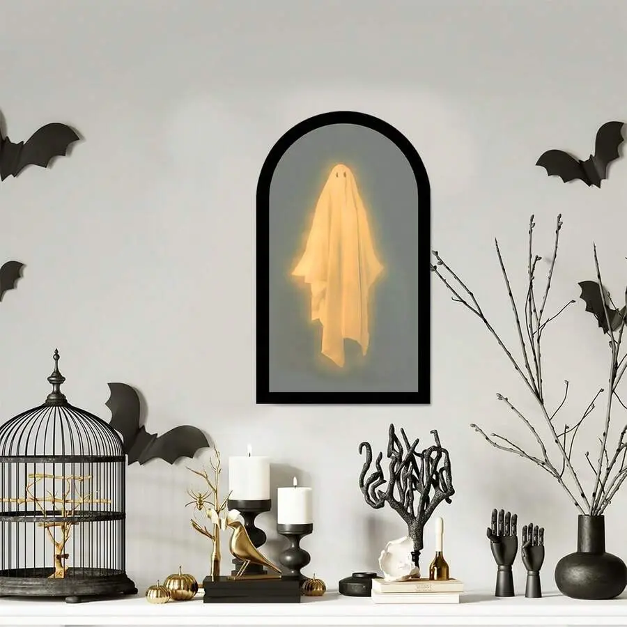 LED Light Up Ghost Holographic Mirror, Spooky Halloween Haunted Wall Decor, Gothic Indoor Wall Ornament For Bedroom Bathroom Fireplace, Wave & Round 2 Frame Styles