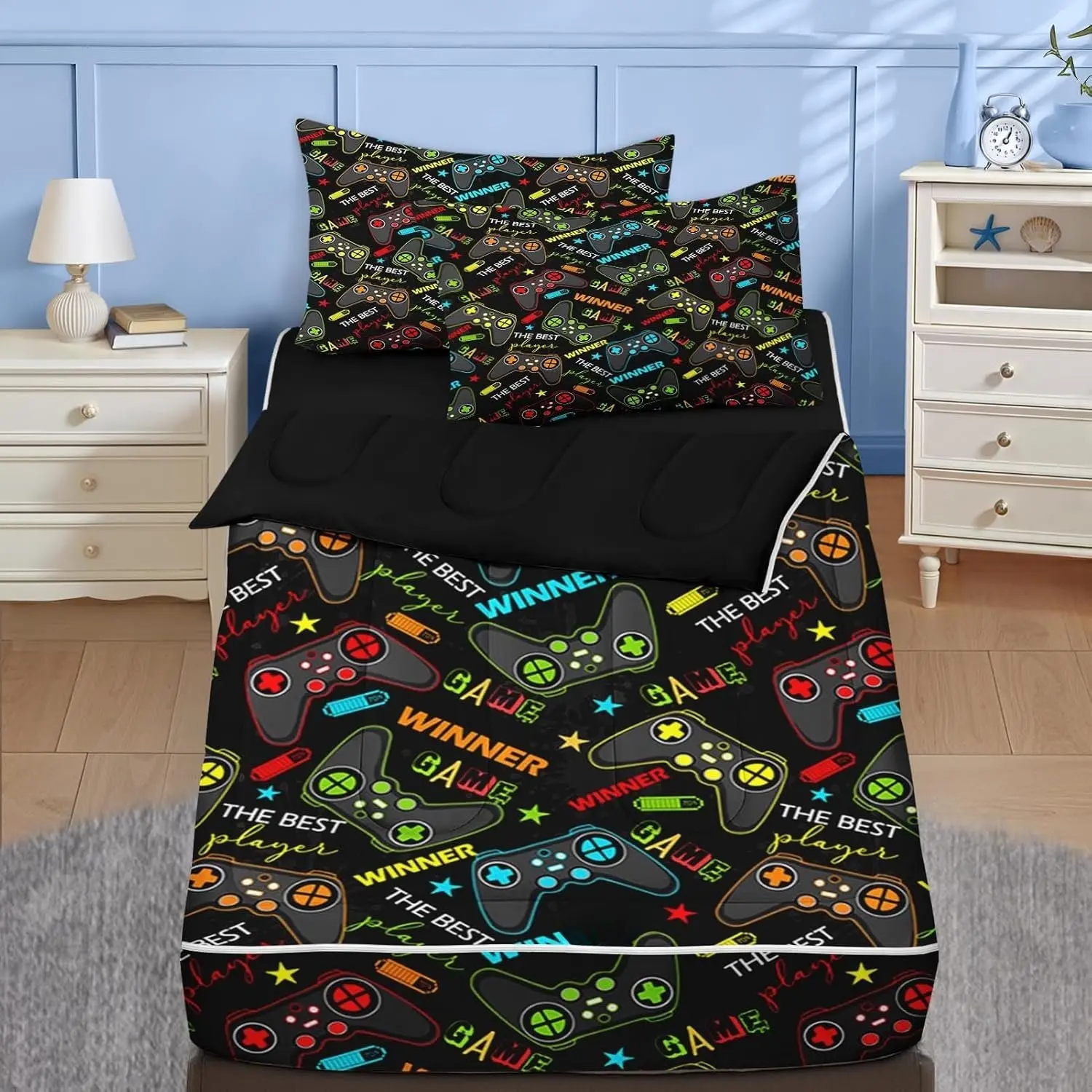 Full Size Colorful Gamepad Microfiber Zipper Bedding Set for Boys & Gaming Players - 3-Piece Bed in a Bag with Comforter, Fitted Sheet, and 2 Pillowcases, Microfiber Bedding
