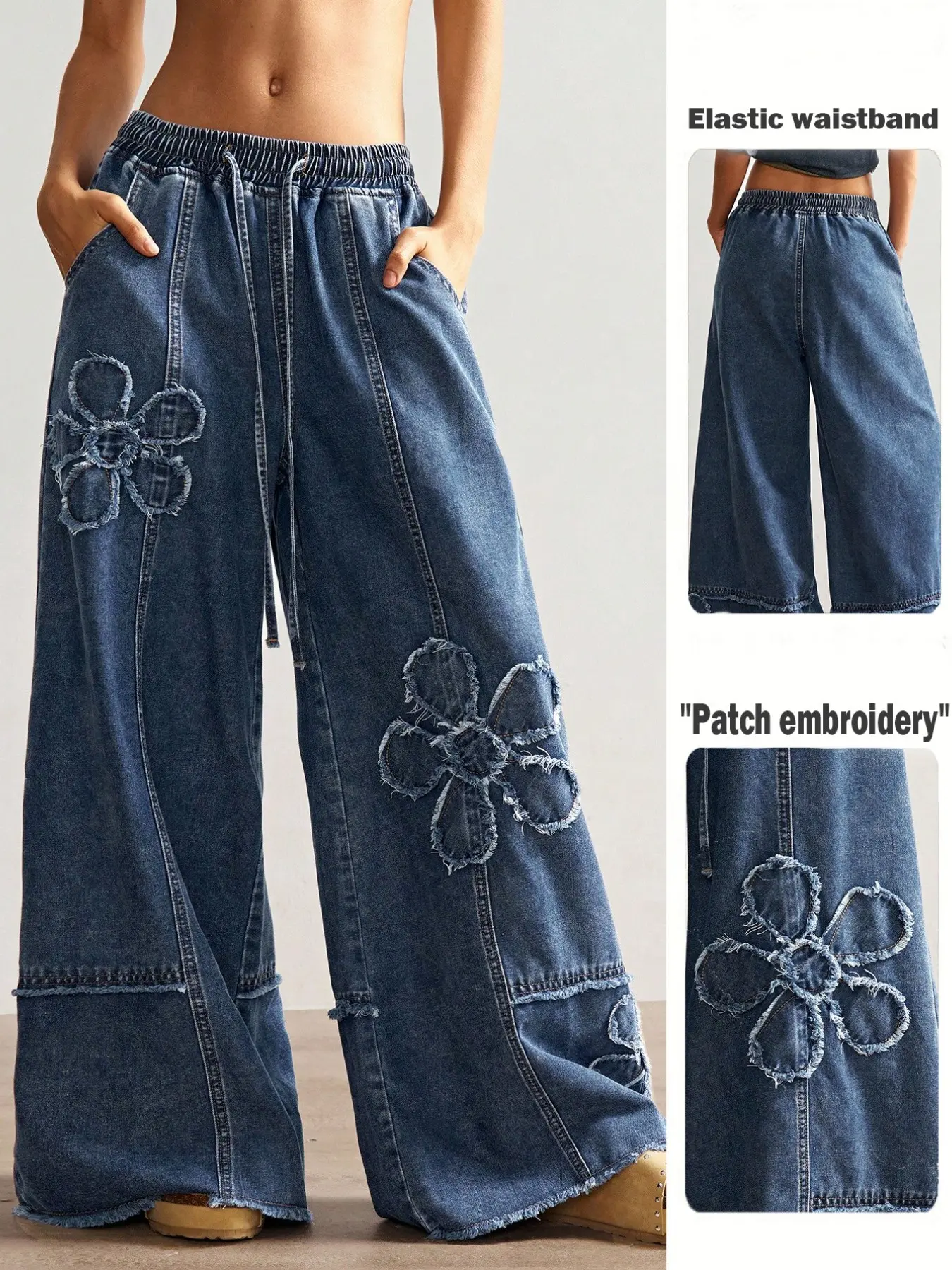 Boho Style Women's Casual Solid Wide Leg Jeans, Loose Fit Denim Jeans with Pattern, Comfortable and Stylish Everyday Wear