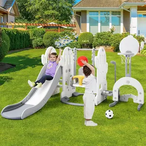 7 in 1 Toddler Slide and Swing Set, 76.4 in Extra Long Kids Slide Climber for Toddlers Age 1-3, Indoor Outdoor Playset with Adjustable Swing and Basketball Hoop, Soccer Golf & Ring Toss Game, Grey