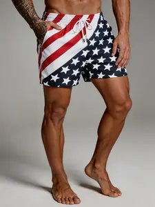 Men's American Flag Print Swim Trunks, Quick-Dry Board Shorts with Mesh Lining, Elastic Waist Drawstring Beach Shorts for Summer