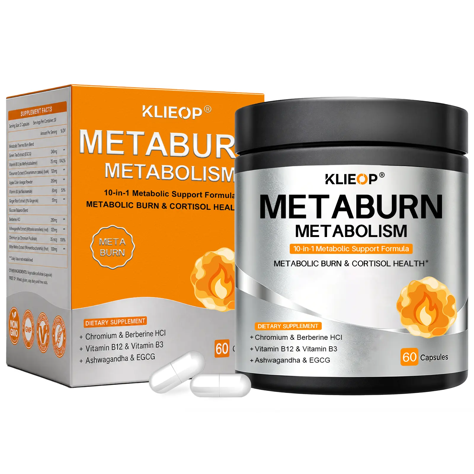 Metaburn for Daily Nutrient Support – With Chromium, Ashwagandha  Vitamin B12 & Berberine HCI – 60 Capsules High Potency Supplement
