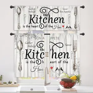 Riyidecor Black and White Kitchen Curtains and Valance 3 Piece Set, Rustic Fork and Spoon Farmhouse Window Treatments, Short Rod Pocket Tier Curtains for Kitchen Sink, Country Style Fabric Drapes for Bedroom & Living Room