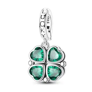 MULA 925 silver-plated Four-Leaf Clover Pendant for Pandora Bracelet – Emerald Heart-Shaped Cubic Zirconia Beads, Engraved with "LUCKY" – A Lucky St. Patrick's Day Jewelry Gift for Women.