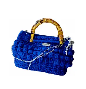Royal Blue Handmade Crochet Bag with Bamboo Handle – Luxury Evening Shoulder Bag - Made to Order, Minimalist, Handmade Craftsmanship