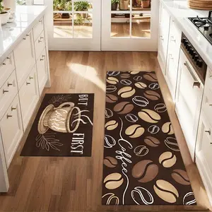 2Pcs Printed Kitchen Rug Coffee Cup Coffee Bean Mat Set Farmhouse Kitchen Runner Rug Carpet Restaurant Floor Laundry Room Decoration Carpet Mat