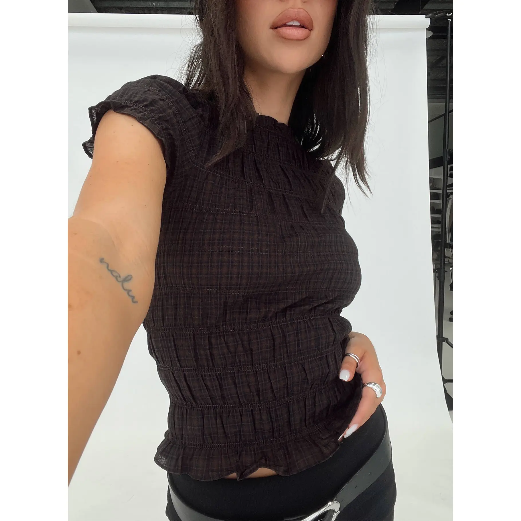 Romelle Shirred Top Black / Brown Plaid