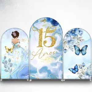 15-day Delivery Light Blue Floral and Butterflies Arch Backdrop Cover for Wedding Photo Booth