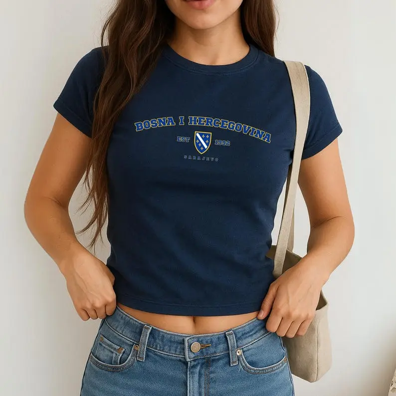 Bosnia Baby Tee, Bosna i Hercegovina Y2K Crop Top, Vintage Flag Shirt, Sarajevo Aesthetic Tee, Balkan Pride T-Shirt for Women
