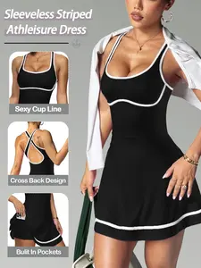 Womens Striped Workout Tennis Dress Sleeveless, Cut Out Twisted Golf Athletic Skirt Built In Shorts Pocket, Fashionable Outdoor Yoga Running Pilates Commuting Dating Beach Daily Essential.