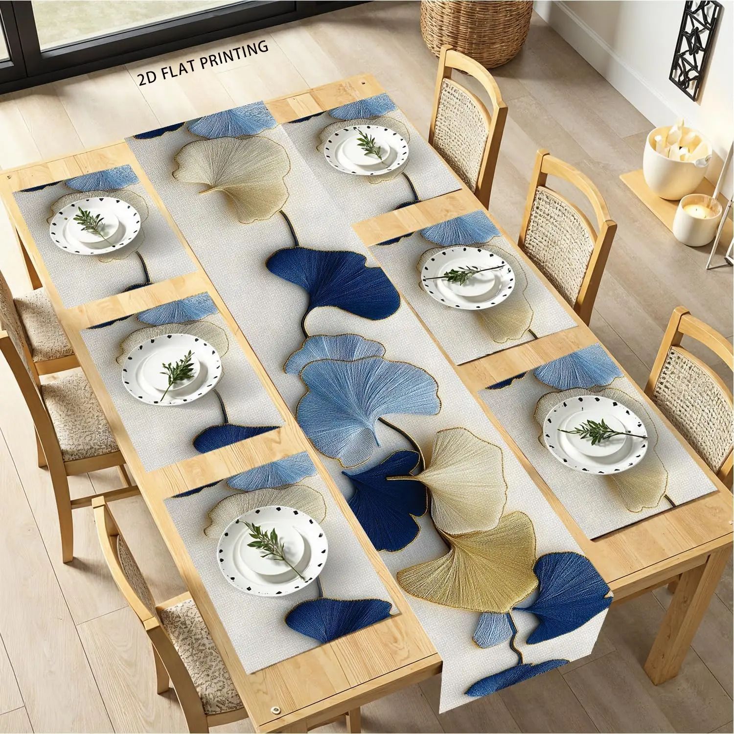 2D flat printing, 1 piece/4 piece/7 piece set, ginkgo leaf table flag and placemat set, modern minimalist style, suitable for kitchen and dining table decoration, indoor and outdoor party decoration, Kitchen Decorative Placemat, Household Placemat