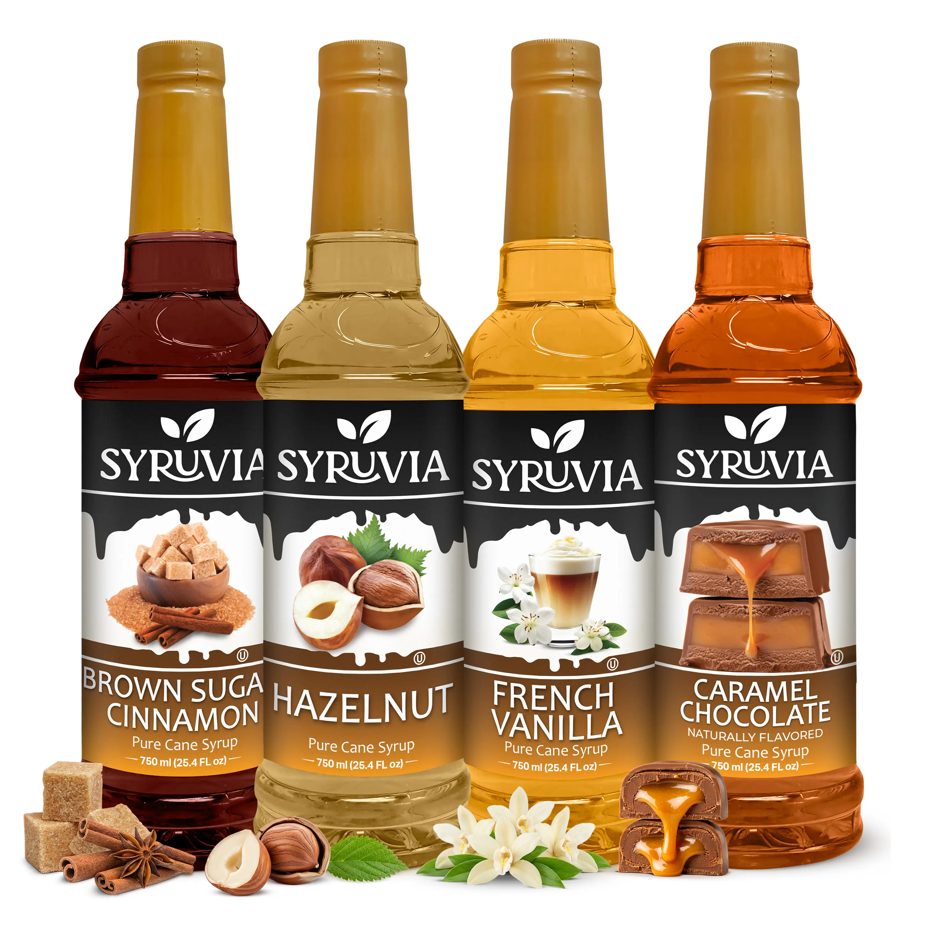 Syruvia Barista Choice Sweet Gluten-Free Variety Pack - Brown Sugar Cinnamon, Hazelnut, Vanilla, Caramel Chocolate Flavors - Vanilla Syrups & Concentrates, Chocolate Syrups & Concentrates - 25.4 oz Bottles (4 Pack) - For Coffee, Desserts