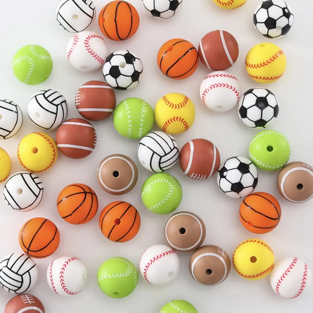 20pcs 15mm Sports Printed Silicone Beads, Food-Grade Round Silicone Beads, DIY Jewelry Making Supplies, DIY Beading Accessories for Bracelet & Necklace, Bead Set, Bead Assortment, Beads for Bracelets