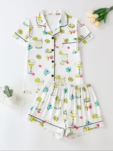 Women's Short Sleeve Pajama Set, Button Front Chest Pocket Design Lapel Neck Top & Elastic Waist Shorts Pj Set, Ladies Sleepwear, Breathable Stylish Pajama, Shortsleeve Womenswear, Loungewear, Homewear