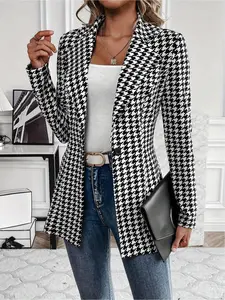Women's Houndstooth Print Open Front Blazer, Casual Long Sleeve Outerwear for Work Office Business, Ladies Clothes for All Seasons, Womenswear