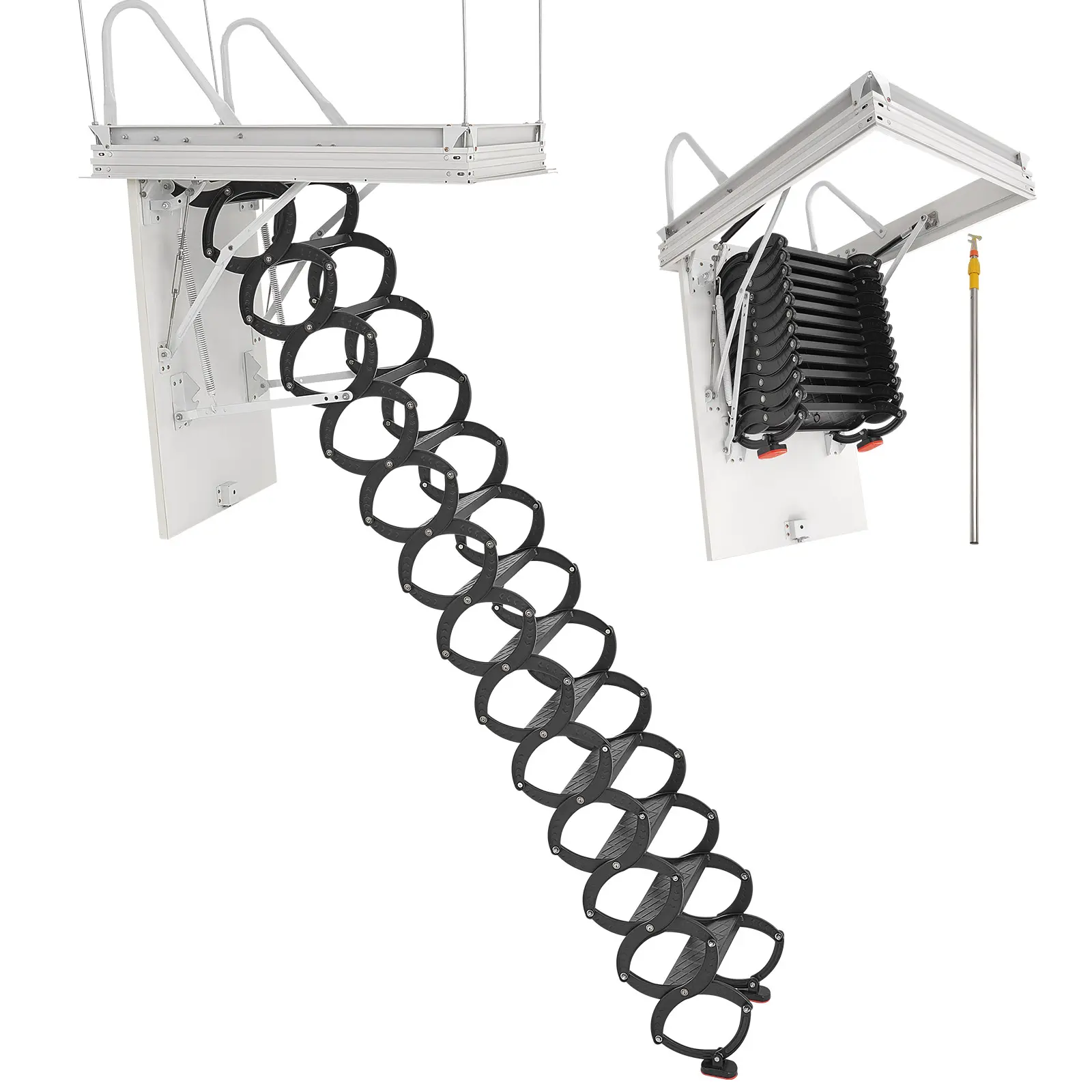 【SummerFinds】VEVOR Alloy Steel Telescoping Extension Ladder with Hydraulic Support, 660lbs Cap., Detachable Steps, Pull-Down Retractable Stair with Pulling Rod, Fits 10.5-11 ft Ceilings & 39.4x27.5 in Openings, for Attic Loft Roof Climbing, Loft Access