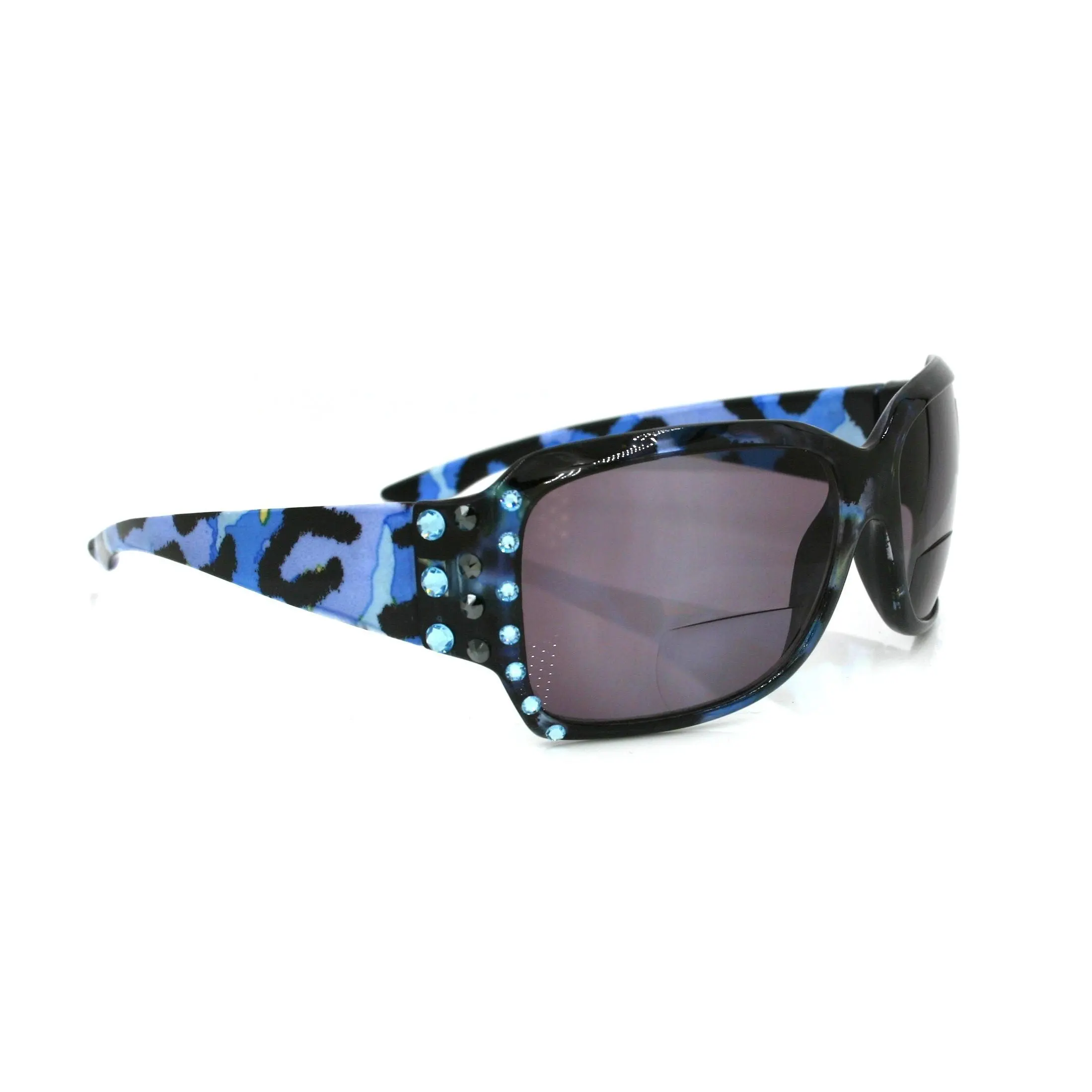 Lourdes, (Bling, Bifocal) Women Sun Reader W (Hematite, Aquamarine) Genuine European Crystals   (Blue) Leopard Animal Print, NY Fifth Avenue