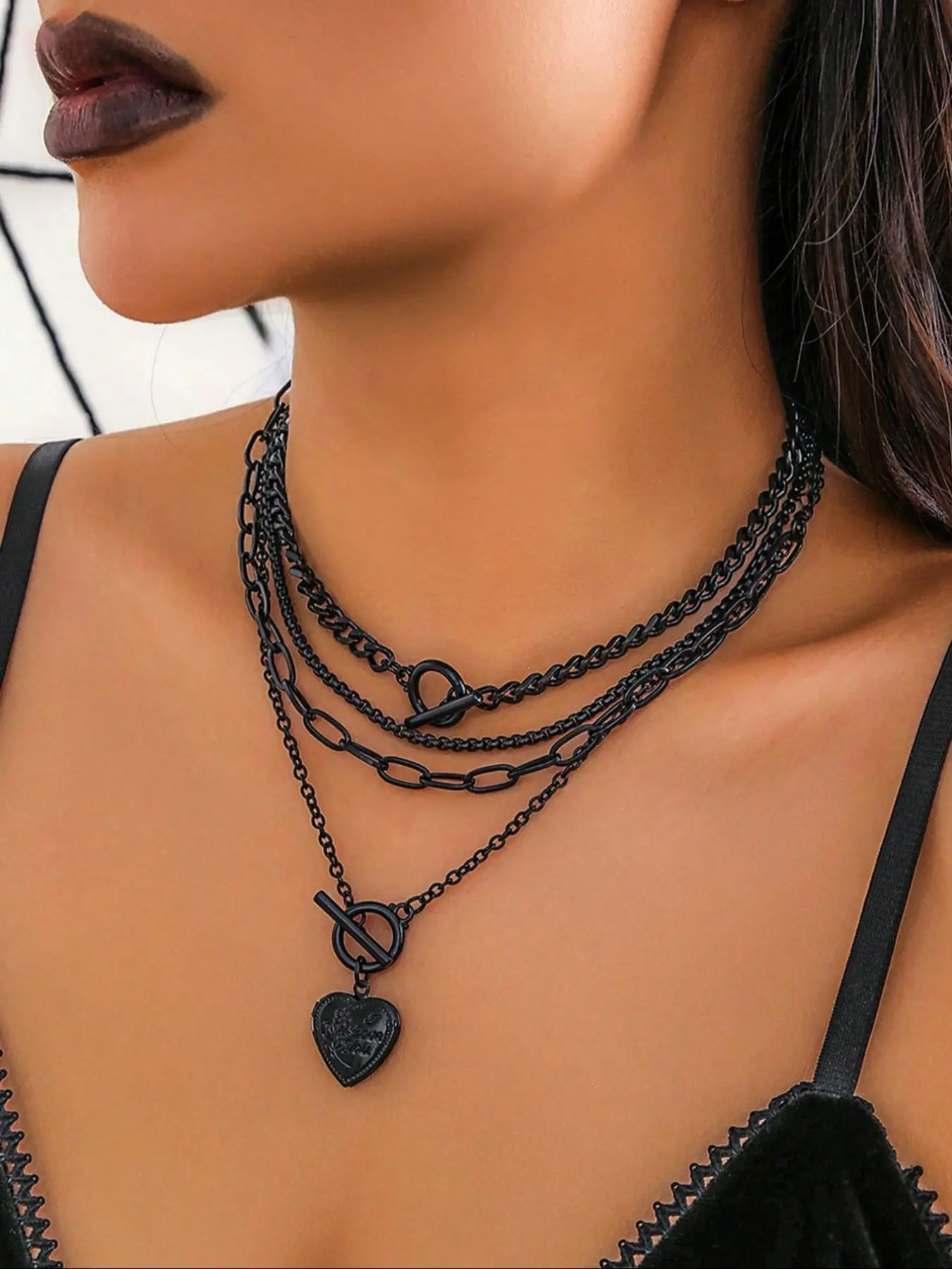 Women's Punk Style Heart Design Pendant Necklace & OT Buckle Chain Necklaces, 4 Counts Fashion Charm & Chain Necklaces, Gothic Mystery Jewelry, Trendy Goth Jewelry, Alloy Necklace for Birthday Gift