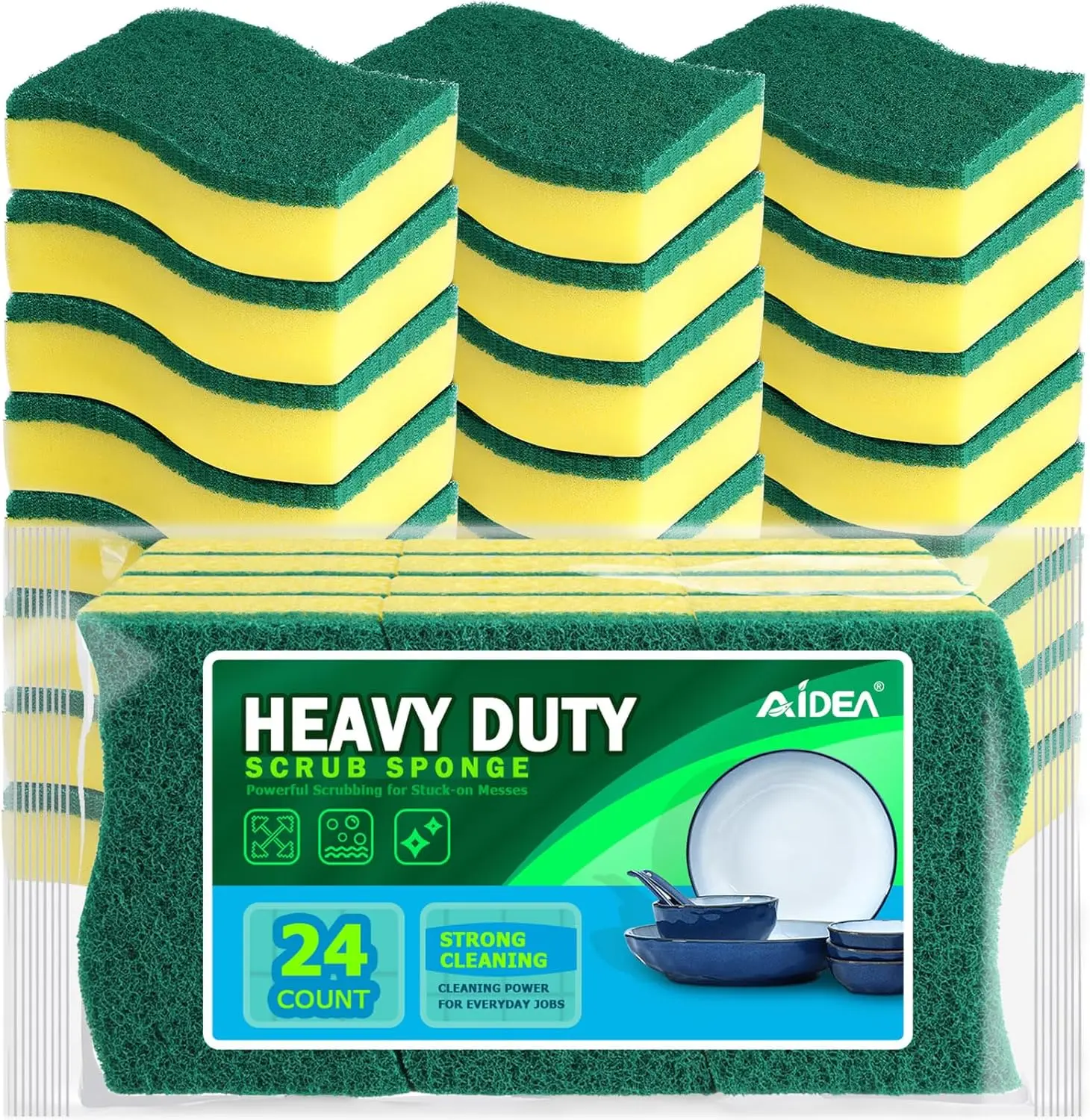 AIDEA Heavy Duty Scrub Sponge Set 24PCS Dual-Sided Dish Cleaning Sponges for Kitchen Strong Cleaning Power for Everyday Use