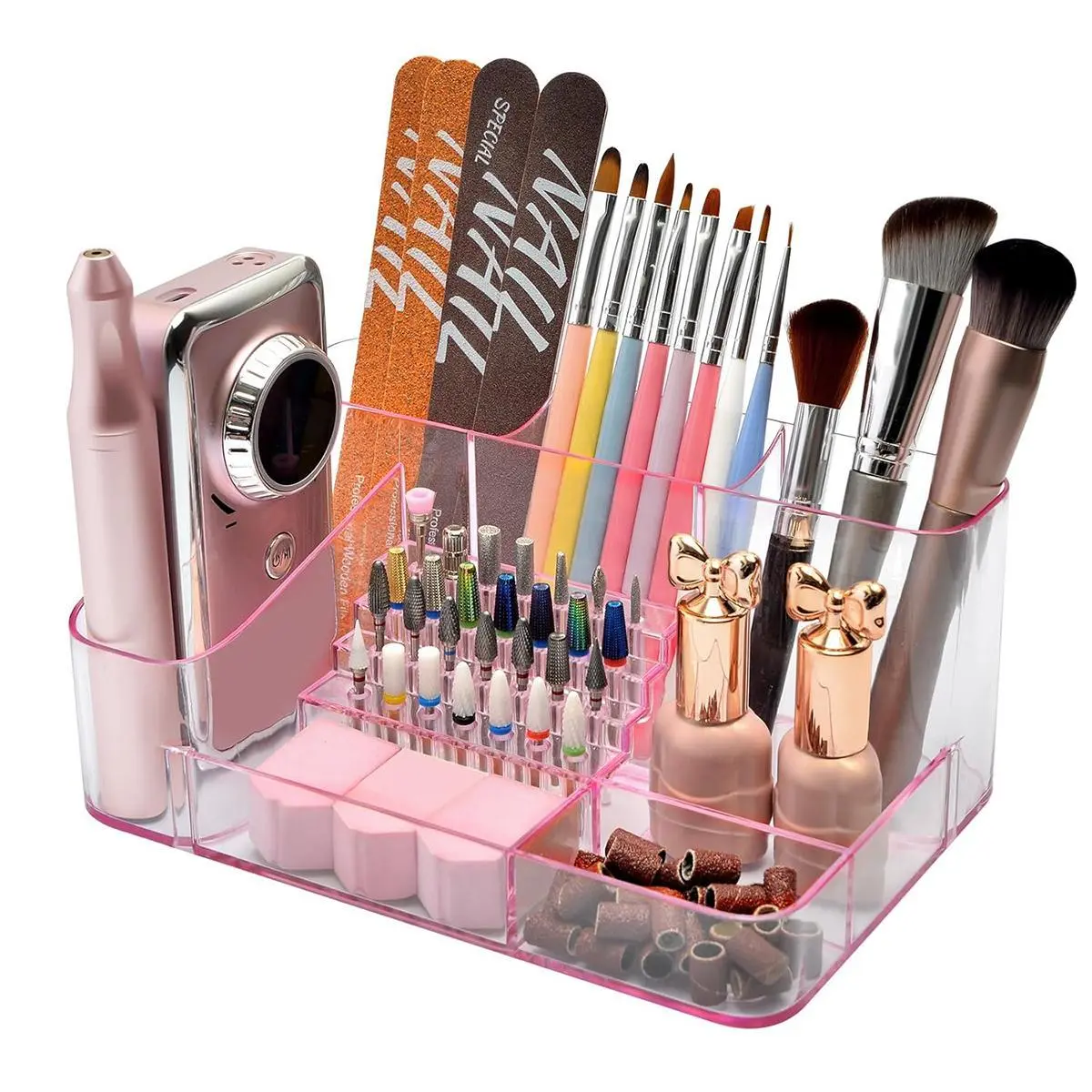 FLYBOK Modern Eco-Friendly ABS Plastic Beauty Organizer with Multi-Compartment Design - 28-Hole Transparent Acrylic Nail Drill Bit Holder, Classic Rectangular Tabletop Organizer Storage for Professionals (Nail Drill Machine & Bits Not Included)