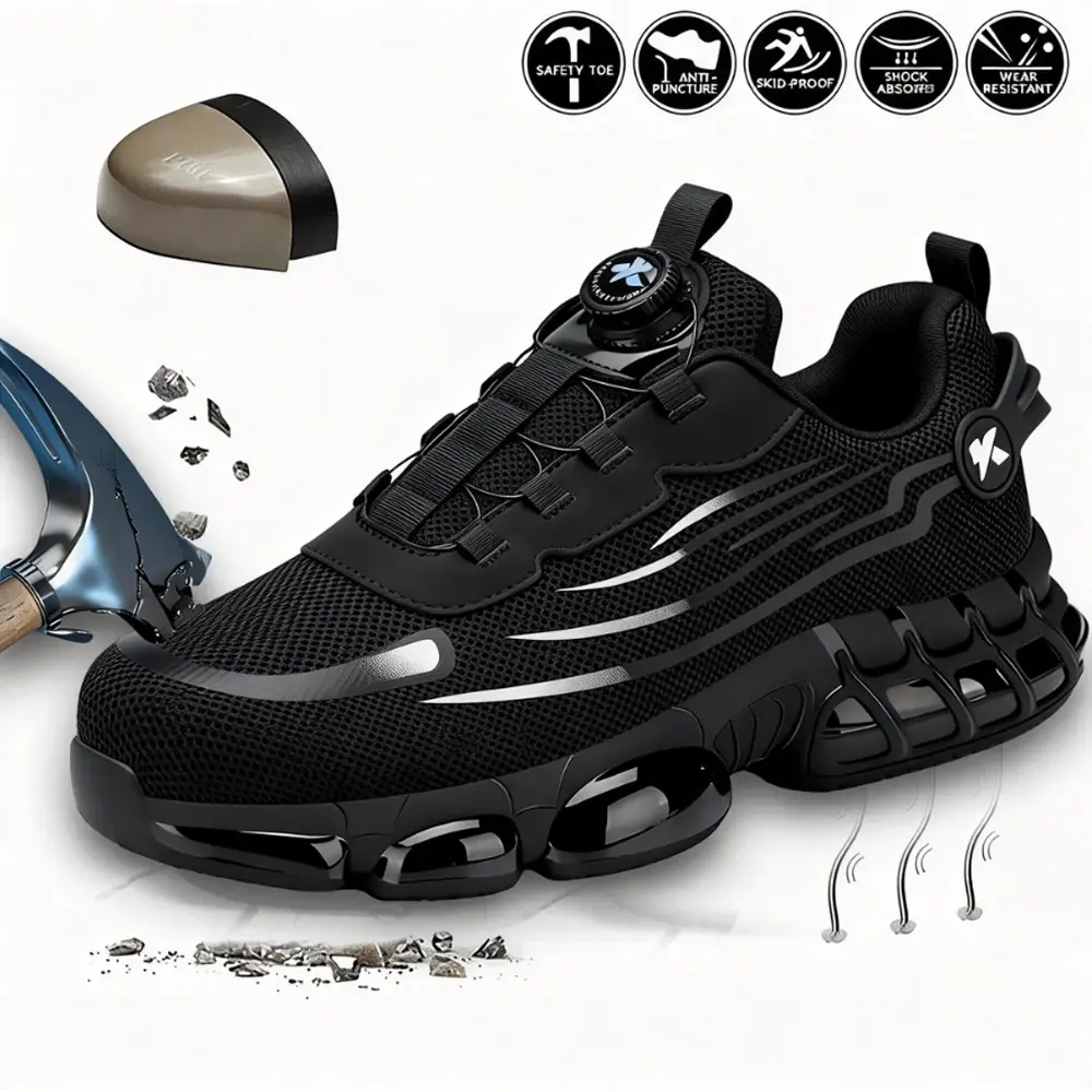 Men’s Steel Toe Work Shoes, Lightweight Slip-On Safety Sneakers, Puncture Resistant Breathable Work Shoes for Construction, Warehouse and Factory Workers