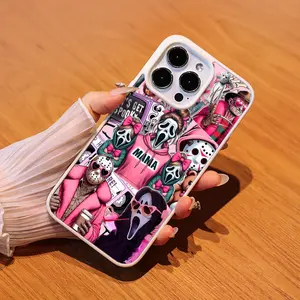 Pink Fashion Horror Characters (Scream, Jason, Chucky, Freddy in Trendy Pink Outfits) Phone Case for iPhone 11/12/13/14/15/16/16E/Mini, Shock & Drop Resistance & Anti-Fingerprint Acrylic Magnetic Wireless Smartphone