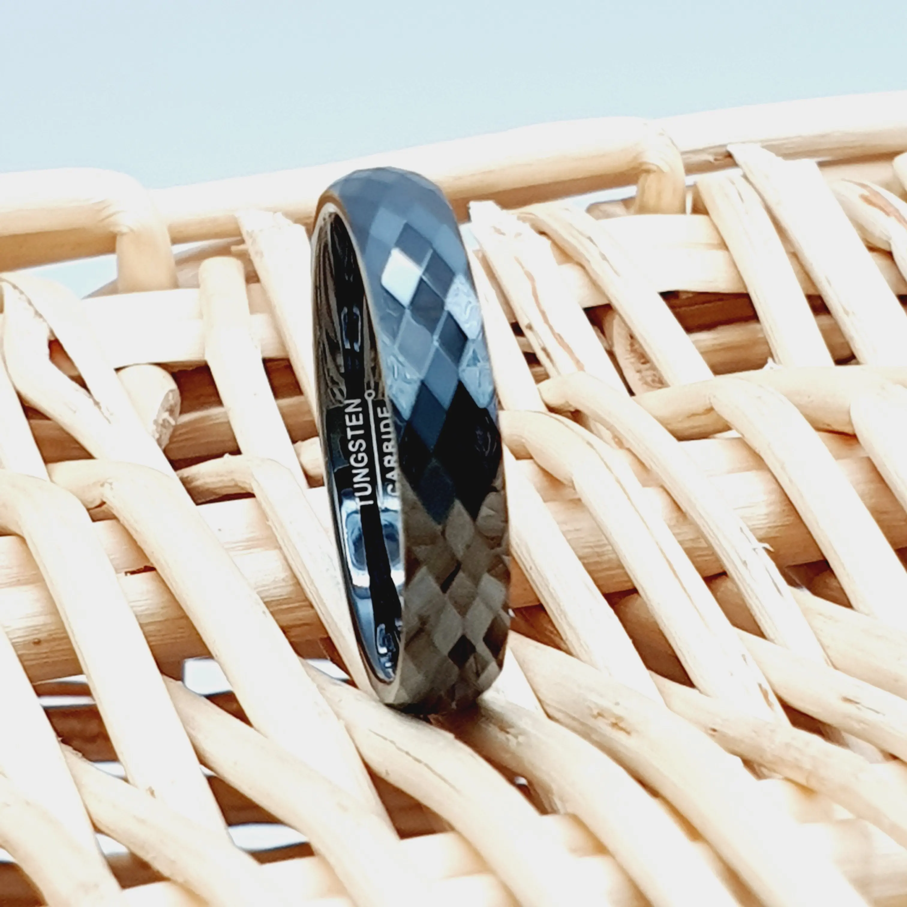 Personalized Engraved Black Tungsten Wedding Band with Domed High Polished Finish and Facet Diamond Cut for Men