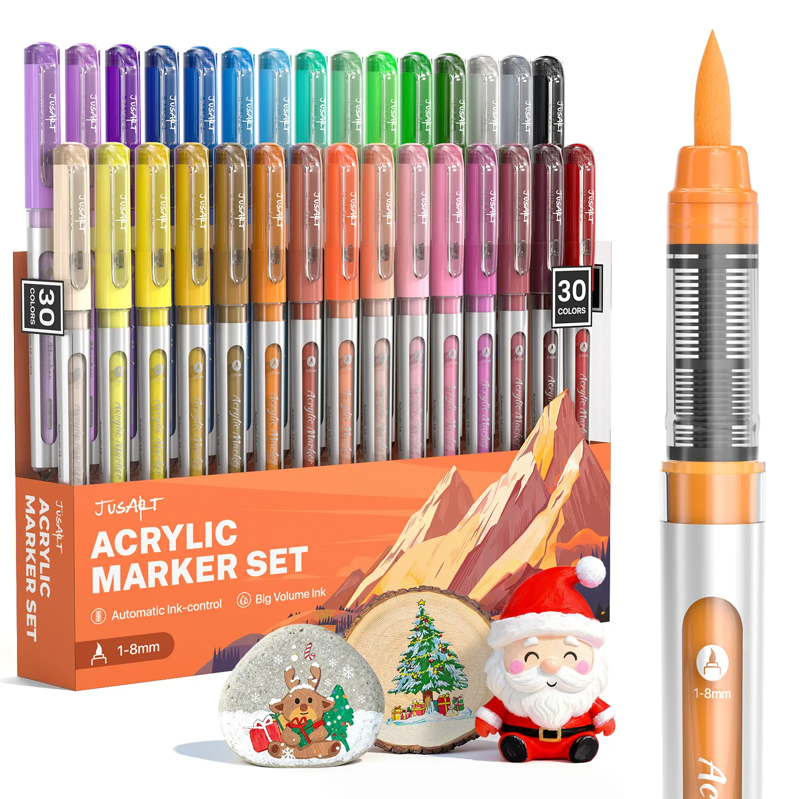 【Back to school shopping】JusArt 30 Colors Flexible Tip Acrylic Marker Set, Waterproof Flexible Tip Acrylic Markers, Premium Paint Pens for Various Surfaces, Acrylic Paint Markers, Markers for Coloring, Art Supplies, Acrylic Marker, Coloring Supplies