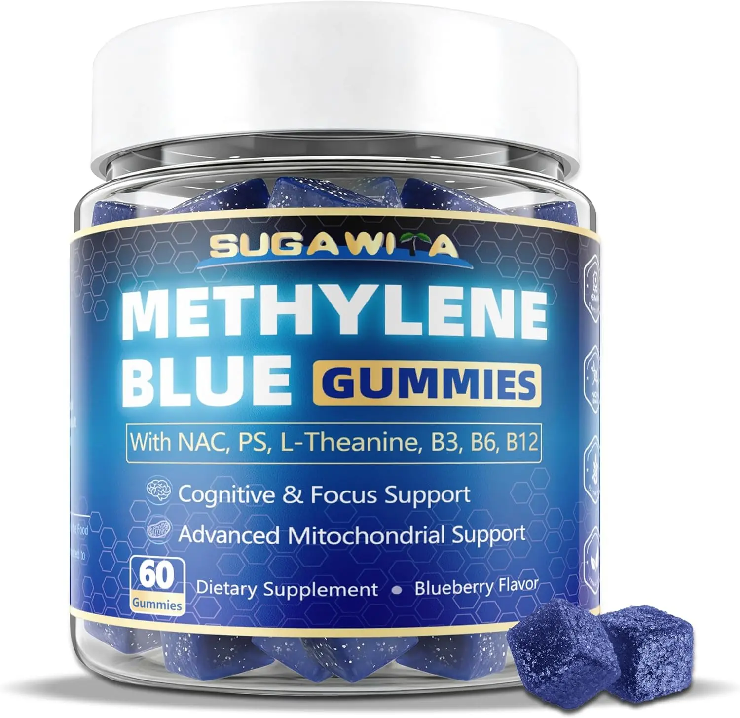 SUGAWITA Methylene Blue Gummies 10mg for Humans, 8-in-1 Brain Supplements with NAC, B3, B6, B12, L-Theanine & PS, Brain & Mitochondrial Support, Enhances Energy, Focus and Cognitive, Pure, Vegan, 60 Counts