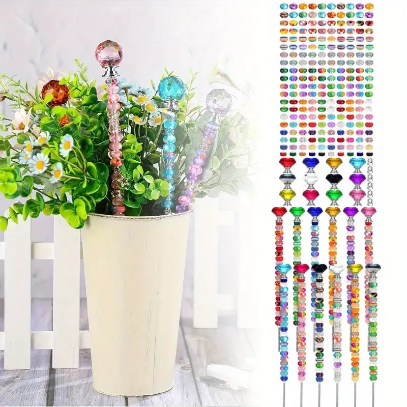 236Pack Beaded Garden Stakes, DIY Fairy Wand Garden Stake Beads Kits with 200 Colorful Assortment Round Large Hole Beads with 12 Crystal Stopper Top, 12 Threaded Rod for Outdoor Decoration - Tools Hardware.