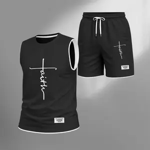 Men's Summer Streetwear Set Faith Graphic Tank Top and Shorts, Casual 2 Piece Sleeveless Matching Outfit, Regular Fit Lightweight Clothing Set for Men, Trendy Everyday Wear for Vacation Gym and Lounge