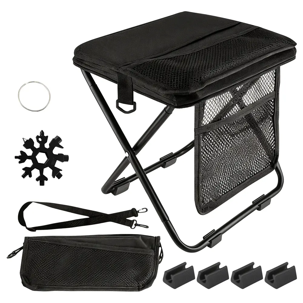 Portable foldable backpack stool, Camping Chair, with dual storage pockets and side pockets Compact adult-sized portable stool, ideal for camping, hiking, outdoor activities capacity 300 lbs (Black) campingessentials
