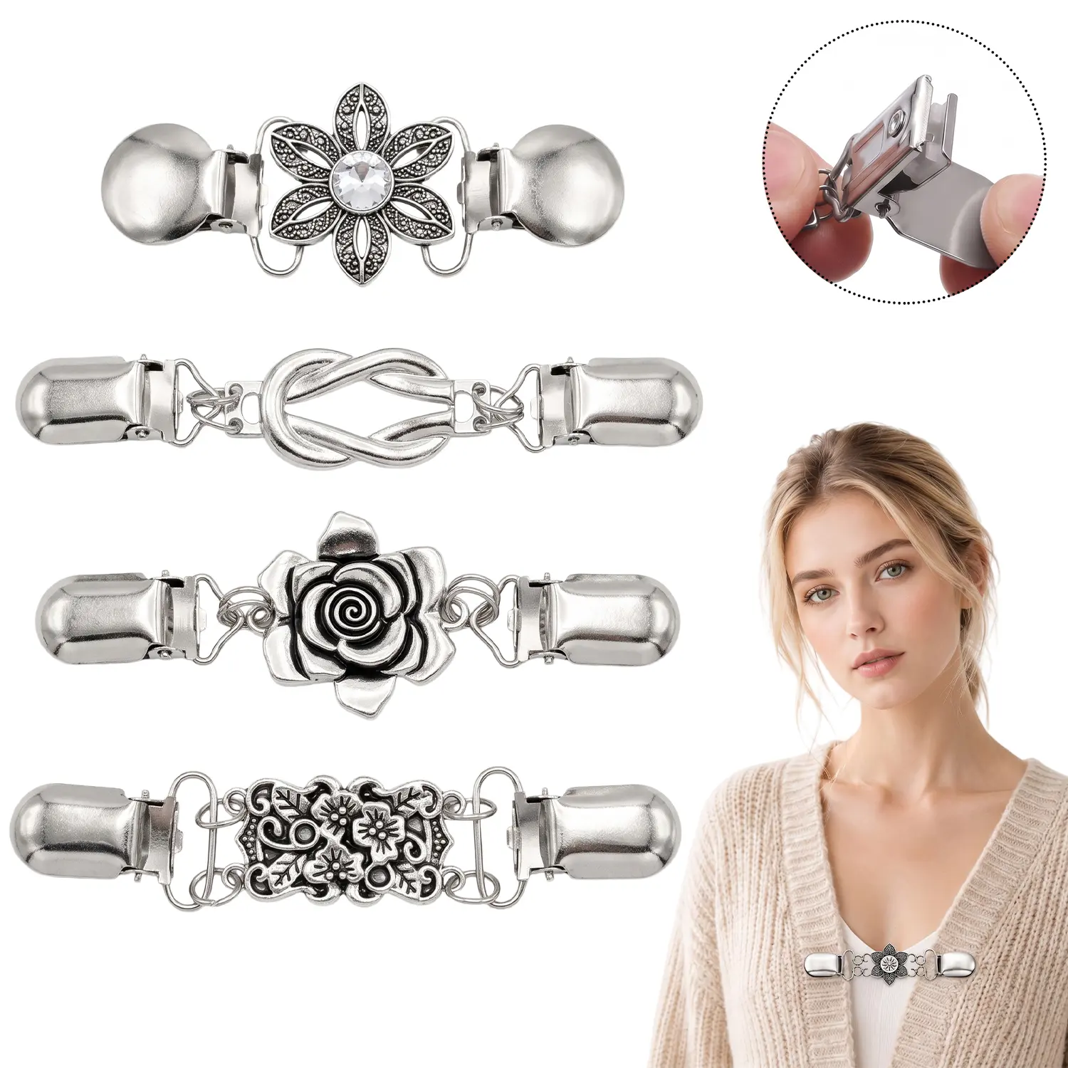 4pcs Vintage Sweater Shawl Clips for Women,Elegant Retro Cardigan Collar Dress Shirt Brooch Clips for Women Wearing,Durable Zinc Alloy for Wedding Party Crufty