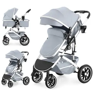 EROMMY 6-in-1 Baby Stroller with Bassinet, Convertible Infant Stroller with Adjustable Backrest & Canopy, Foldable Pushchair with Reversible Seat and Cover for Newborn 0-36 Months (Gray, Black)