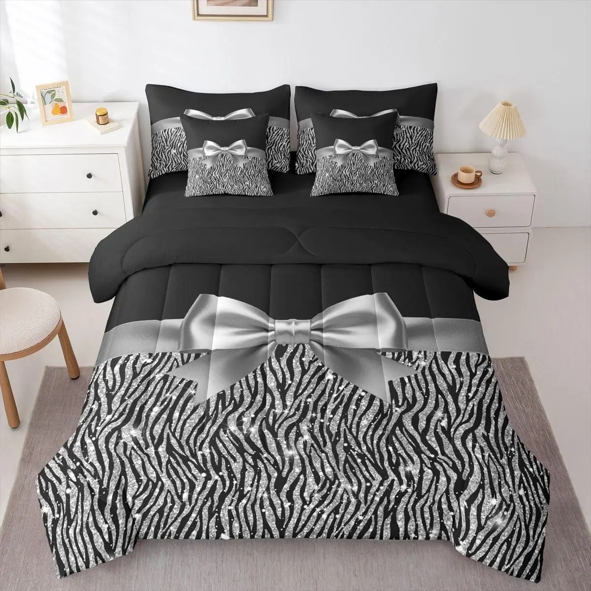Feelyou Queen Size 7-Piece Silver Bow Bedding Sets Collections, Ultra-Soft Black & Silver Glitter Comforter with Soft Sheets, Zebra Print Bed-in-A-Bag for Adults, Soft Sheets Bedding Sets Collections