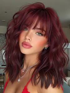 Short Wine Red Curly Bob Wig with Bangs for Women Natural Looking Heat Resistant Synthetic Hair Wig Natural Wavy Wig