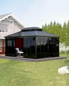 GAOMON 12x16 ft Hardtop Gazebo Sunroom, Enclosed Gazebo with Floor-to-Ceiling Sliding Doors, All-Aluminum Alloy Frame, Screen Outdoor Room Solarium for Backyard, Patio, and Deck Shaded Canopy Adjustable Canopy