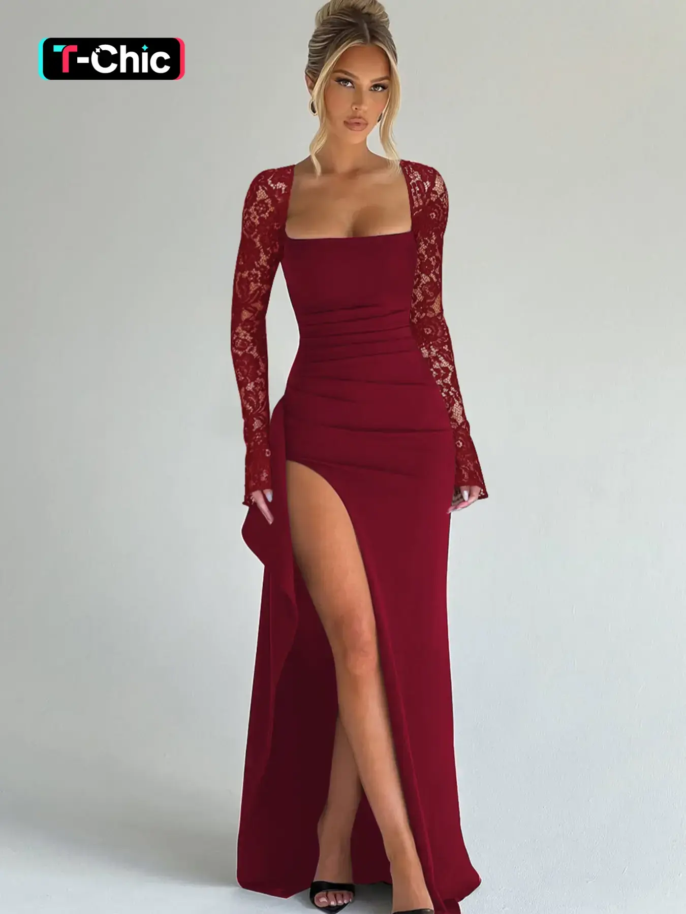 Women's Solid Contrast Lace Long Sleeves Split Thigh Fitted Bodycon Dress, Elegant Classy Flattering, Square Neck Ruched Cut Out Backless Lace-up Slit Maxi Dress, Party Club Date, Formal Wear, Daily Casual, Spring & Fall Wear