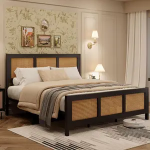 Black Rattan Bed Frame with Headboard,Boho King Size Bed Frame with Strong Metal Slats Support,No Box Spring Needed,Noise-Free Design,King