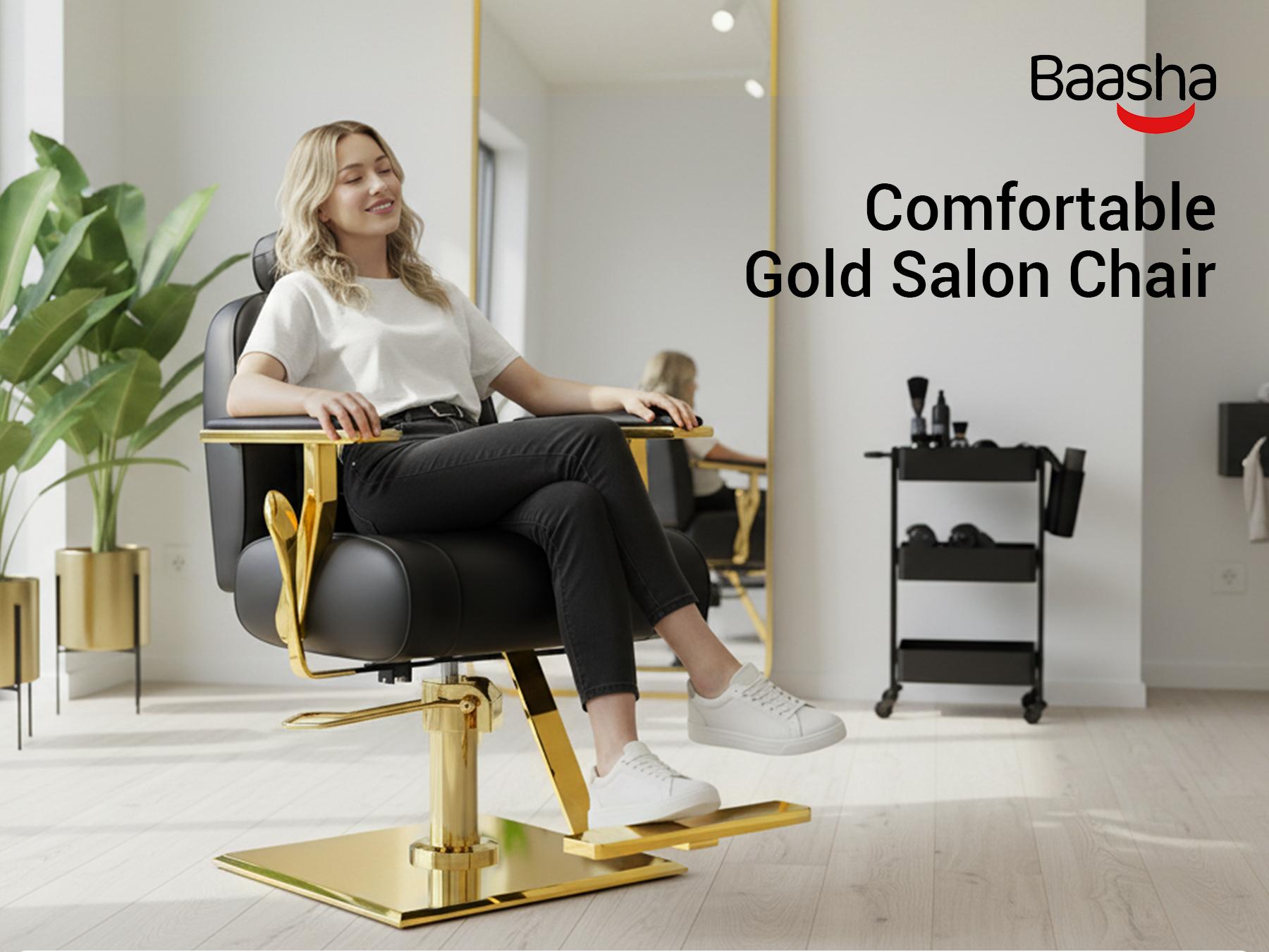 Baasha Luxury Black & Gold Reclining Salon Chair | Adjustable & Removable Headrest | 330lbs Heavy Duty Hydraulic Pump | High-Density Foam Soft PU Leather | 360° Swivel All-Purpose Styling Chair for Tattoo, Makeup & Hair Stylists