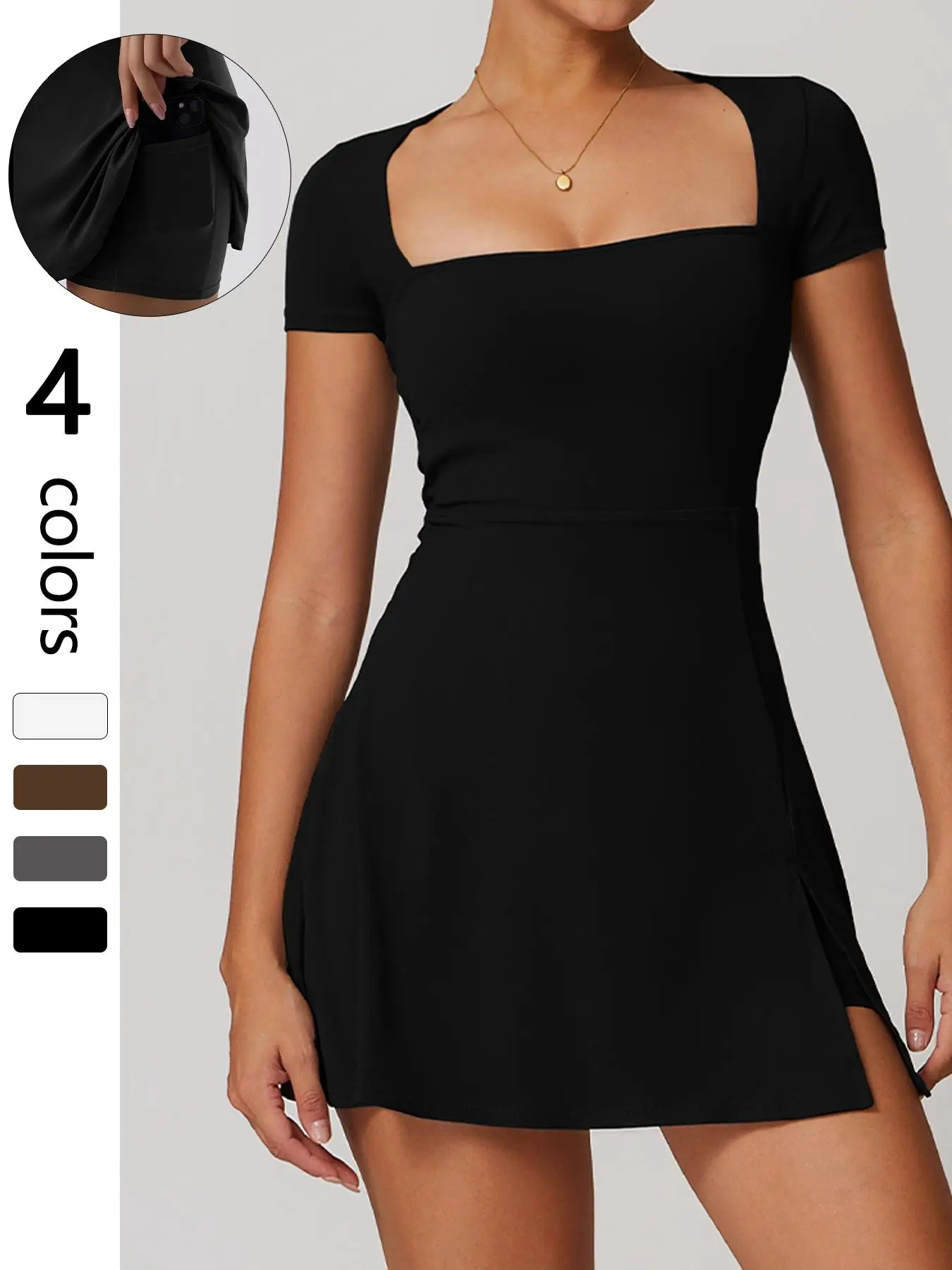 Sporty Women's Plain 2-IN-1 Split Thigh Built-In Shorts Sports Dress, Sports Short Sleeve Square Neck Pocket Dress for Tennis Golf, Ladies Sportswear