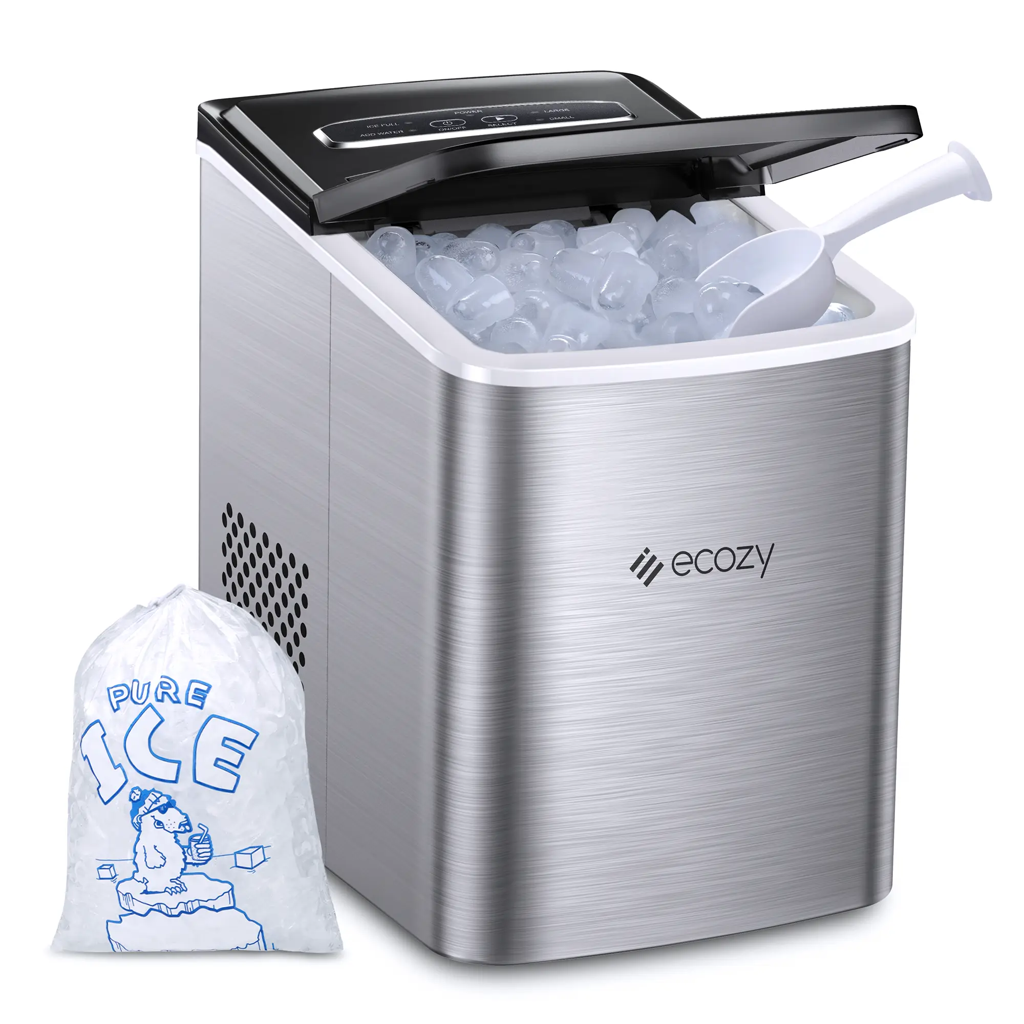 ecozy Portable Ice Maker Countertop,9 Cubes Ready in 6 Mins, 26 lbs in 24 Hours, Self-Cleaning with Ice Bags/Ice Scoop/Ice Basket Kitchen Utensils