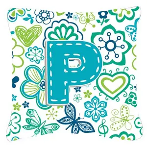 Carolines Treasures  Letter P Flowers And Butterflies Teal Blue Canvas Fabric Decorative Pillow