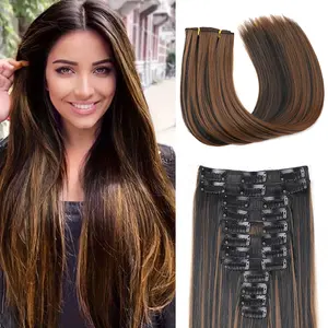 Clip in Hair Extensions Dark Brown to Chestnut Brown 12pcs 22 Inch Hair Extensions Clip in Silky Straight Synthetic Hair Extension WIth Weft