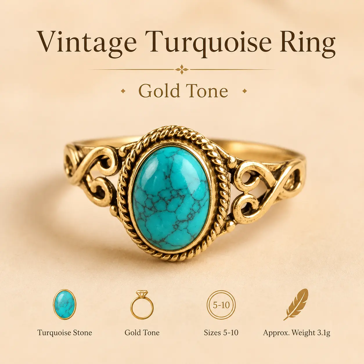 Vintage Gold Tone Oval Ring with Turquoise Stone, Boho Scrollwork Design for Women, Comfortable Statement Turquoise Jewelry with Vintage Charm, Daily Wear Sizes 5-10, Oval Rings, Scrollwork Band