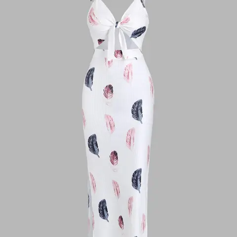 Women's Floral & Feather Print Cut Out Backless Cami Sleeveless Bodycon Dress, Casual Spaghetti Strap Adjustable Strap Split Thigh Long Dress for Summer, Ladies Clothes for Beach Holiday, Cutout Slit Dress