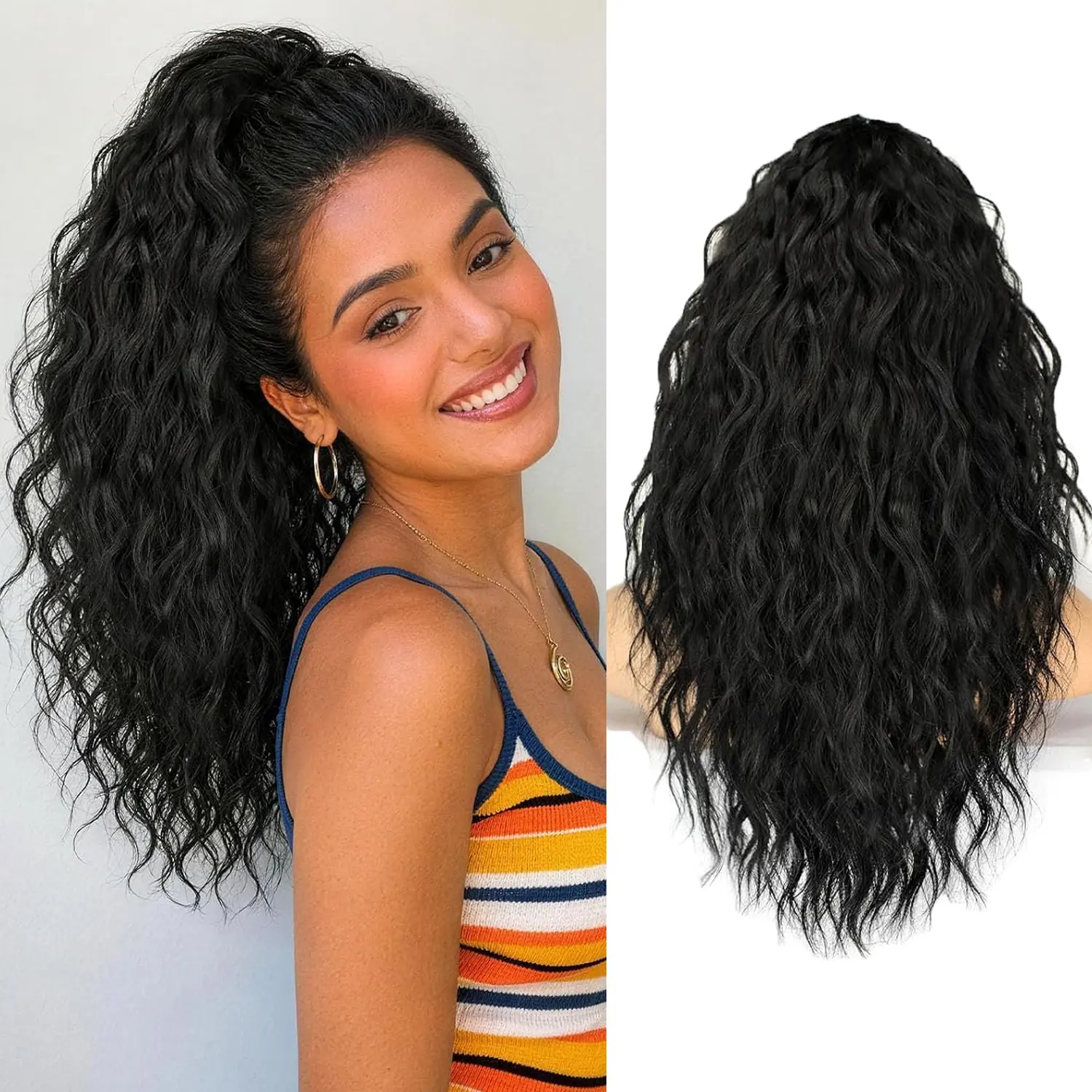 Women's 18-Inch Black Synthetic Ponytail Extension, Multi-Layered Fluffy Thick Wavy Claw-Jaw Clip-In Hairpiece, Heat-Resist Syn, Natural Curls, Accessories for Women, Party Ready